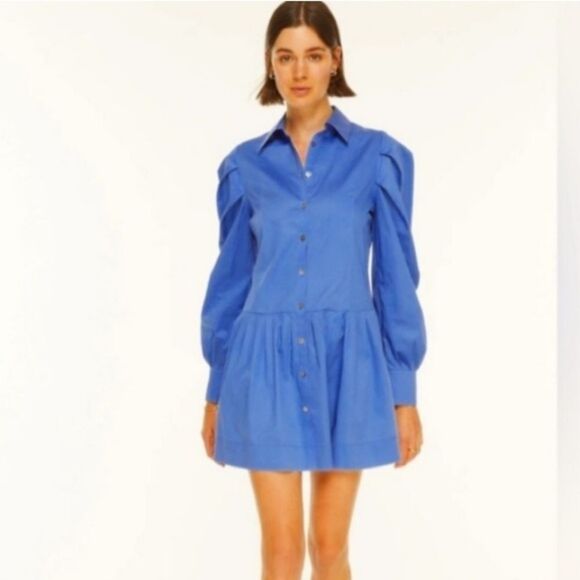 HARSHMAN Dress Esme Shirt Dress Indigo Blue Cotton Pleated Long Sleeve Size S - Picture 3 of 7